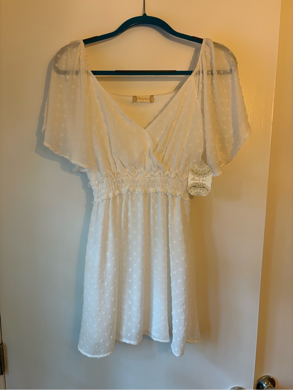 Altar'd State White Swiss Dot Mini Dress with Flutter Sleeves